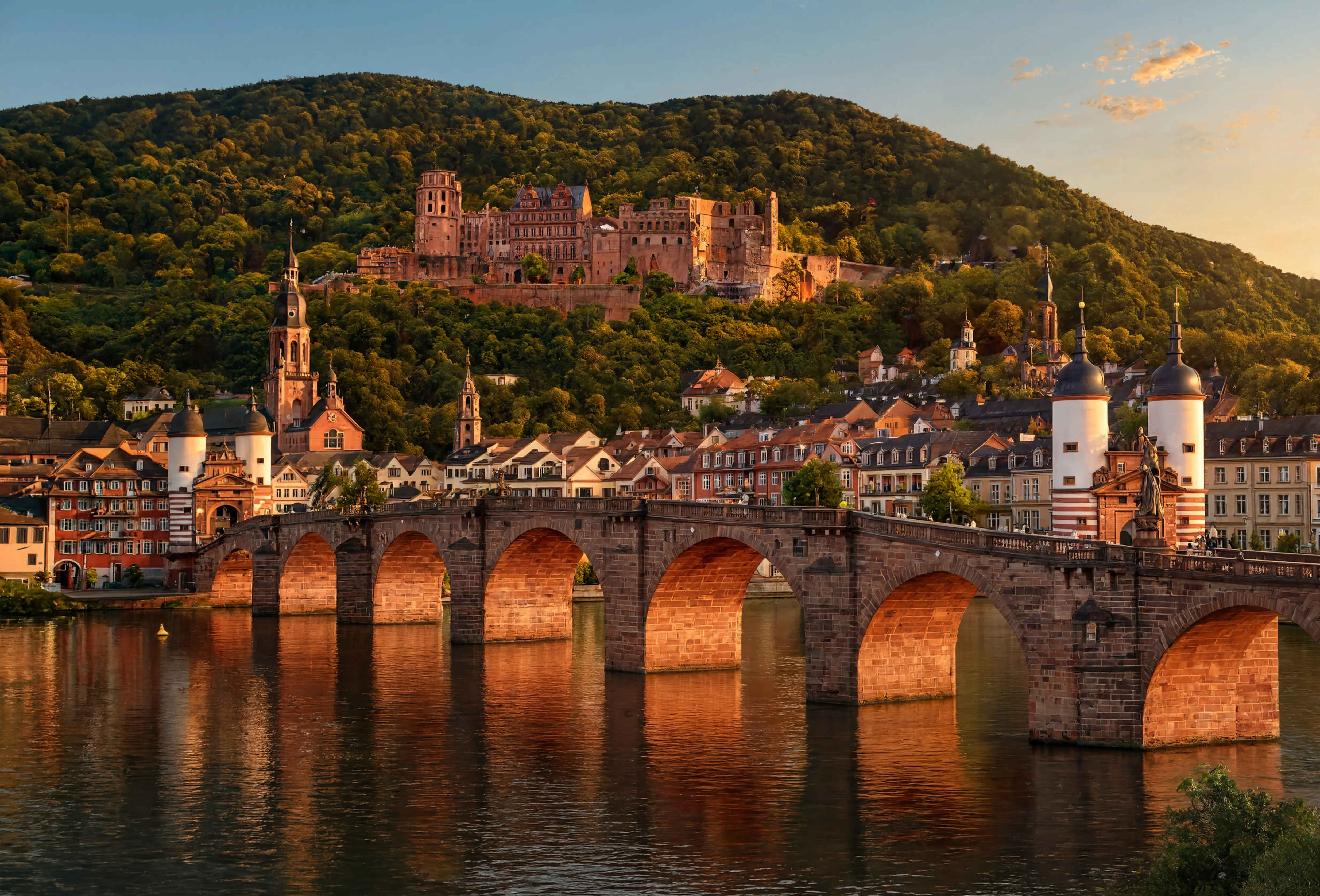 Heidelberg Altstadt — barocke Brücke über den Neckar, das Schloss auf dem Berg, abendliches Licht