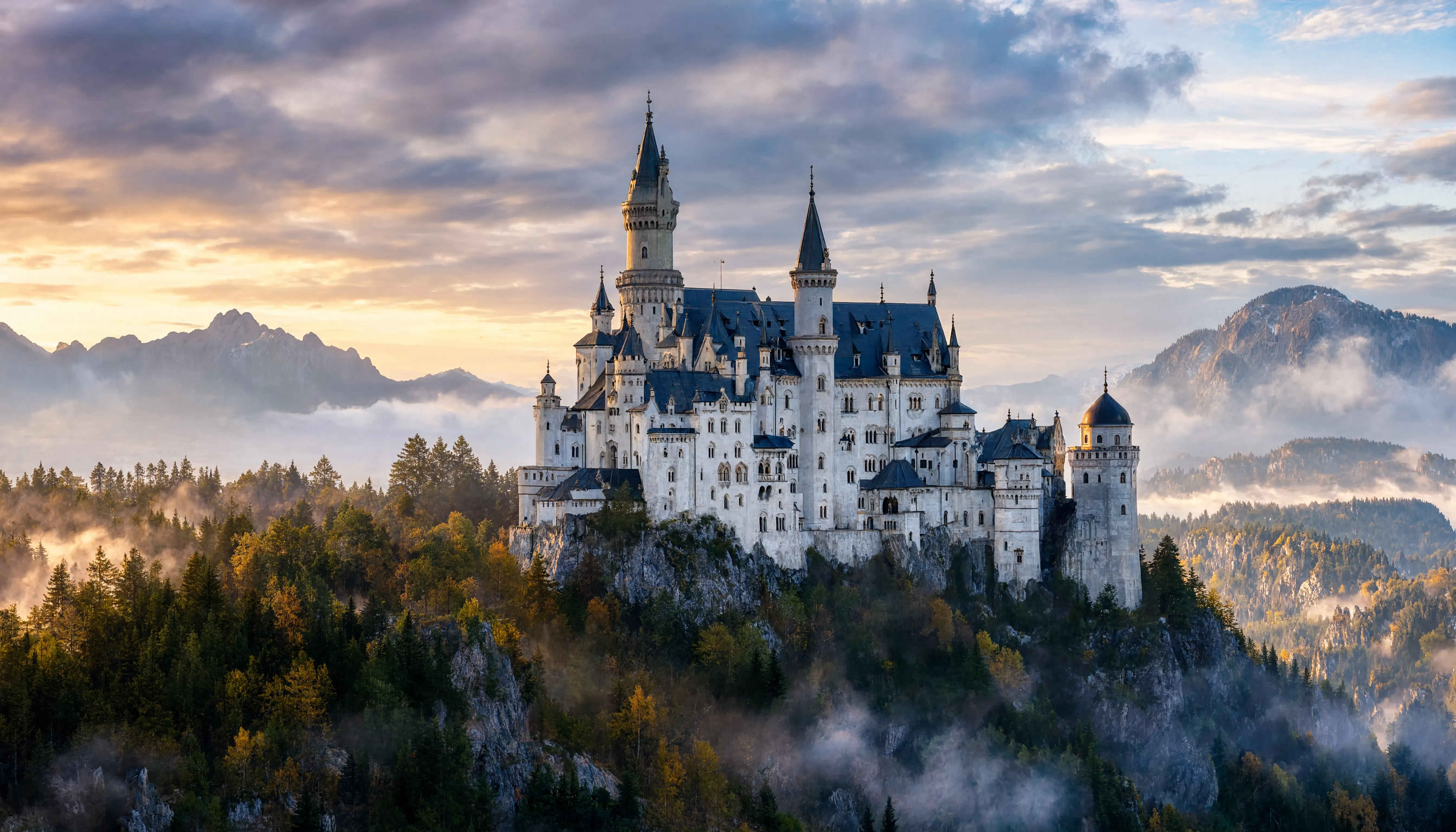 Schloss Neuschwanstein im Morgenlicht — das legendäre Märchenschloss Bayerns über den Tannenwäldern